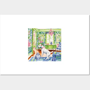 White terrier playing ball in chinoiserie interior Posters and Art